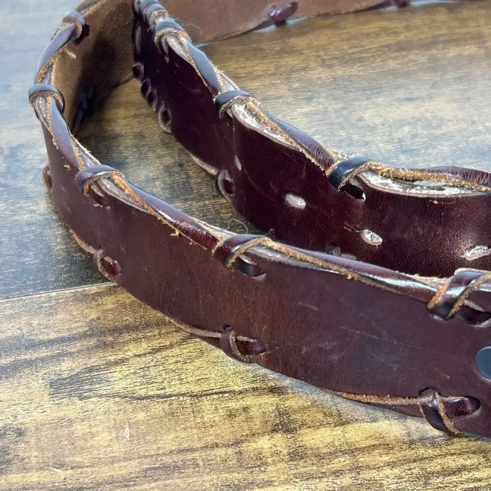 REI Brown Leather Belt Solid Silver Buckle Mens 36 Distressed Wrap Braid Detail